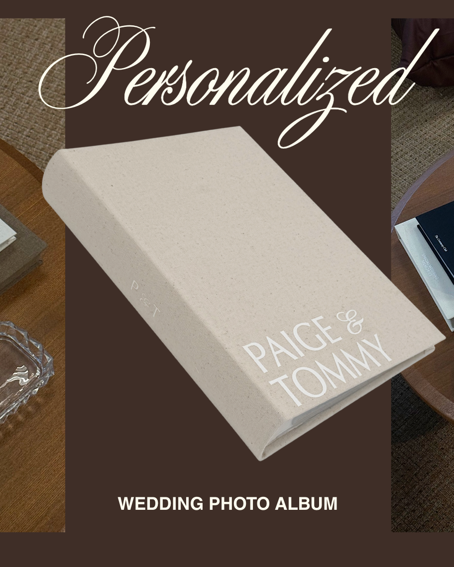 Custom wedding keepsake album with names on front cover, perfect for bride-to-be gift