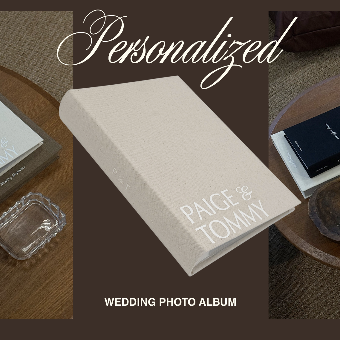 Custom wedding keepsake album with names on front cover, perfect for bride-to-be gift