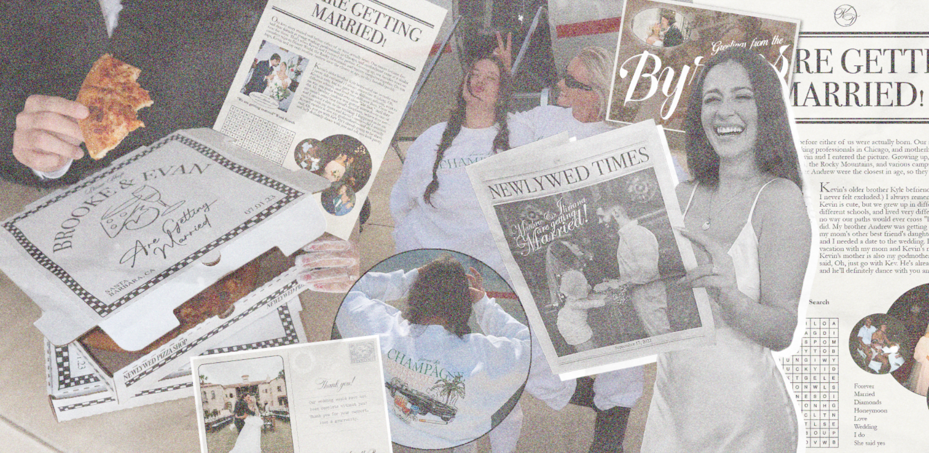 wedding newspaper, wedding merch, wedding postcards, wedding save the dates, wedding invitations, unique wedding invites