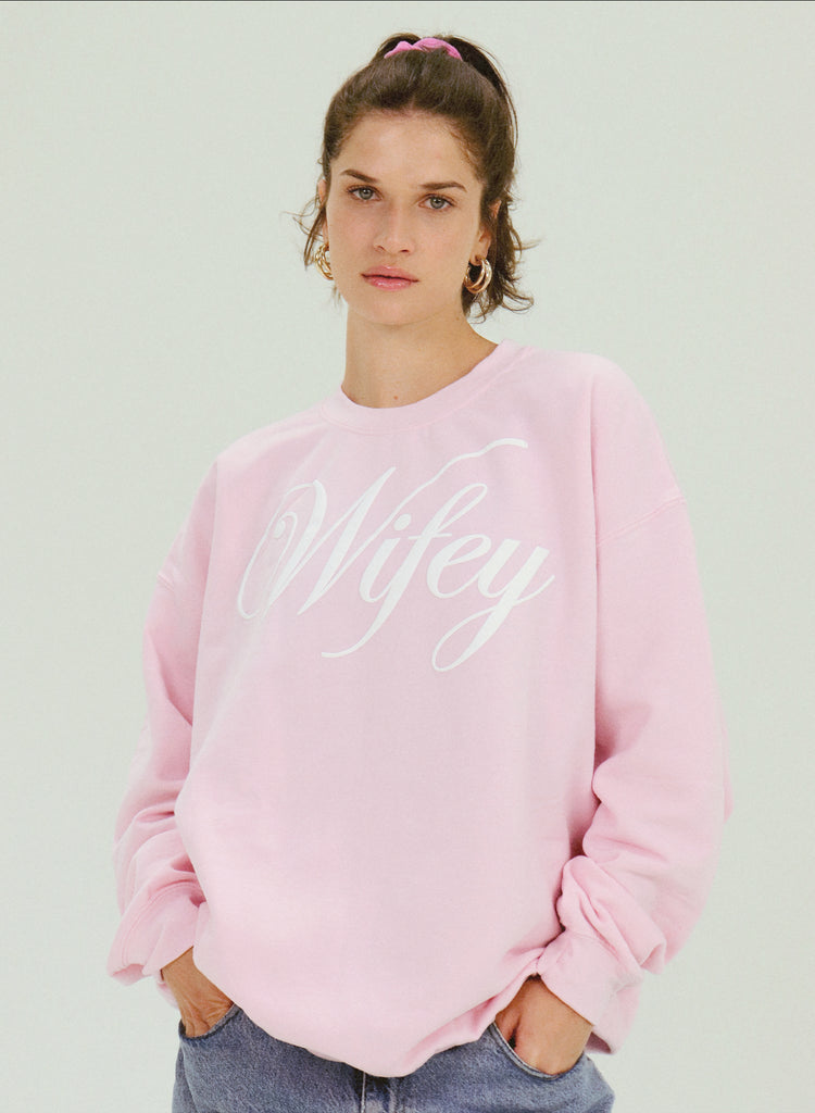 wifey crewneck for brides and newlyweds, gifts for friends who just got married, newlywed gift ideas, wifey crewneck, wifey sweatshirt, green trendy crewneck, pink trendy crewneck, red trendy crewneck, white trendy crewneck for brides, bride merch, bridal shower gift ideas, girly trendy crewneck